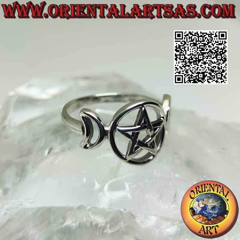 Bague en argent lisse avec symbole triple lune déesse wicca (pentacle ajouré)