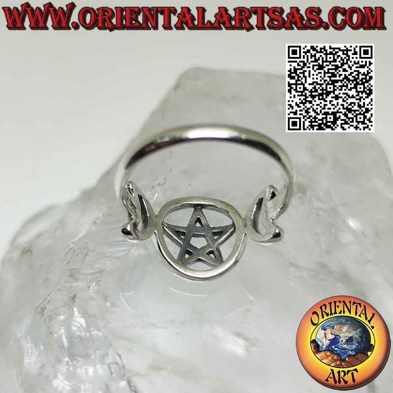 Glatter Silberring mit dreifachem Mondsymbol Göttin Wicca (durchbohrtes Pentagramm)