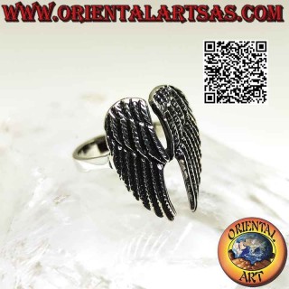 Anillo de plata con alas de ángel de doble altura con plumas en relieve (soldado)
