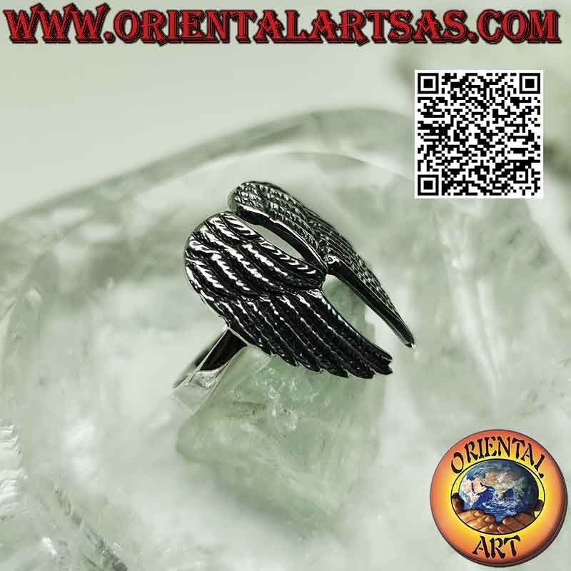 Anillo de plata con alas de ángel de doble altura con plumas en relieve (soldado)