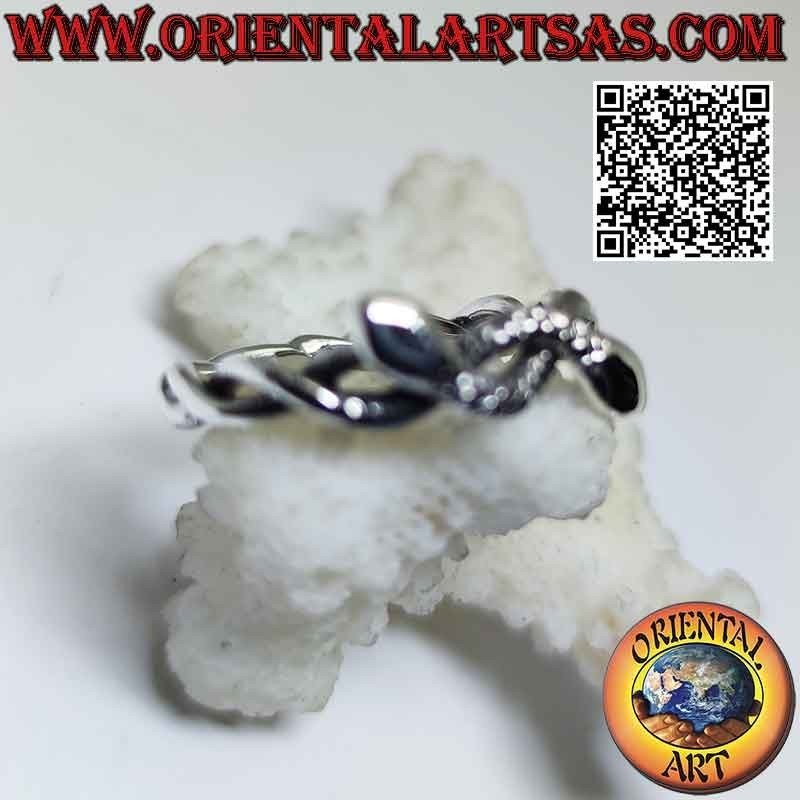 Silver band ring with two snakes knotted together in opposite directions