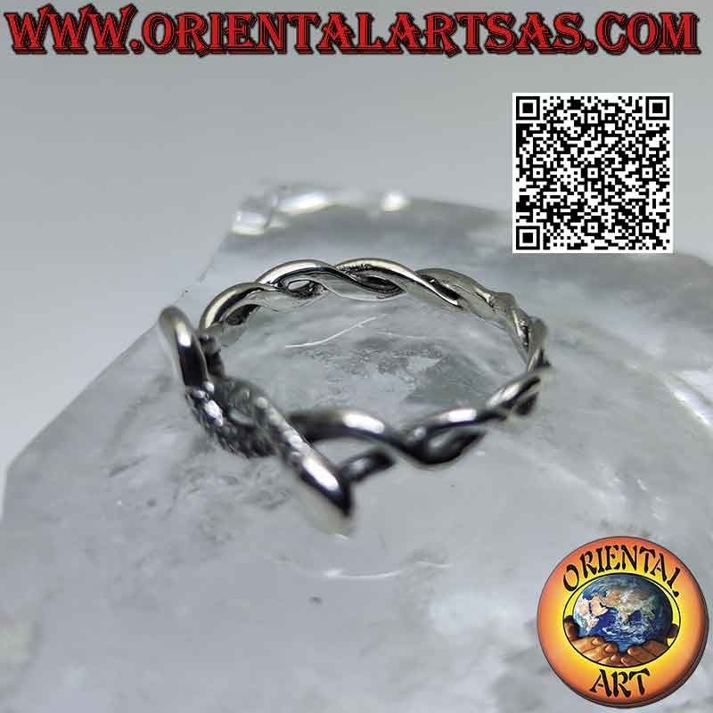 Silver band ring with two snakes knotted together in opposite directions