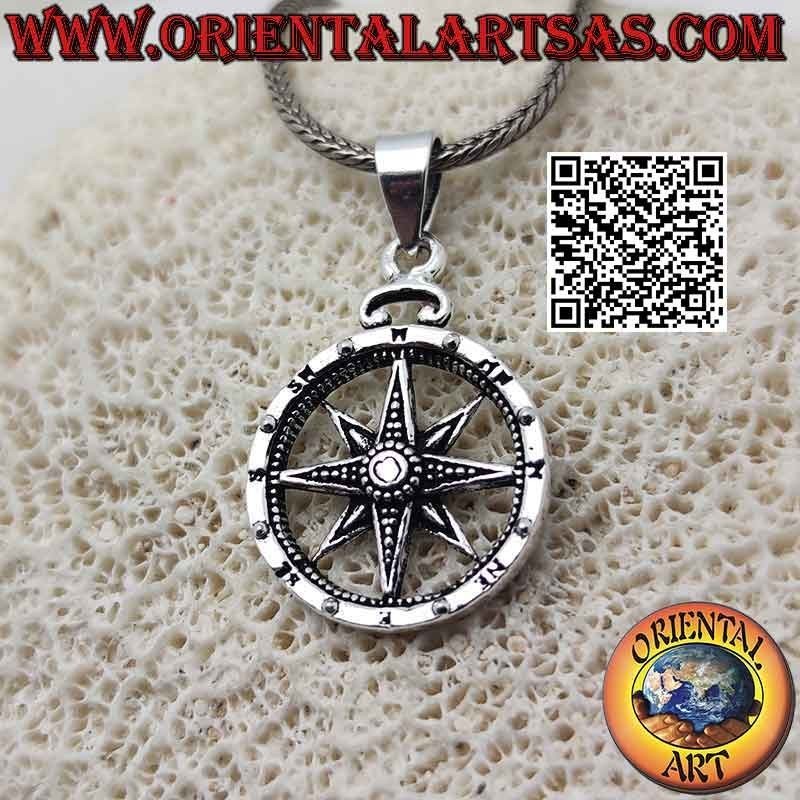 Wind rose (compass) silver pendant with double level engravings