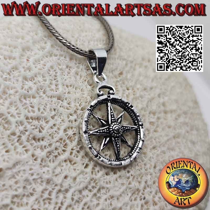 Pendentif en argent rose des vents (boussole) avec gravures à double niveau