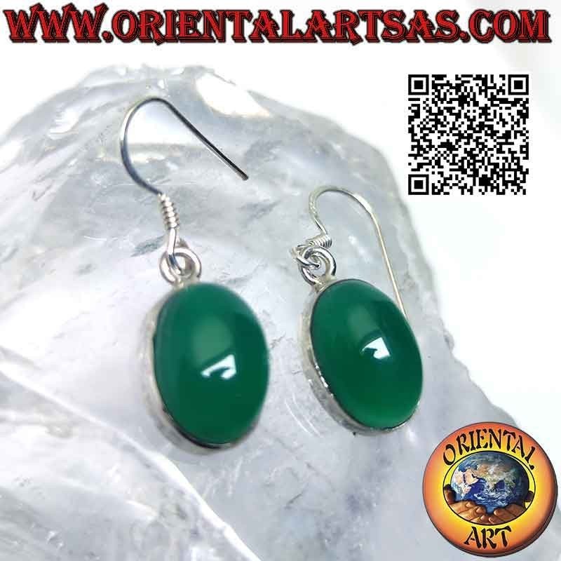 Pendientes de plata con gran cabujón ovalado de ágata verde en engaste liso