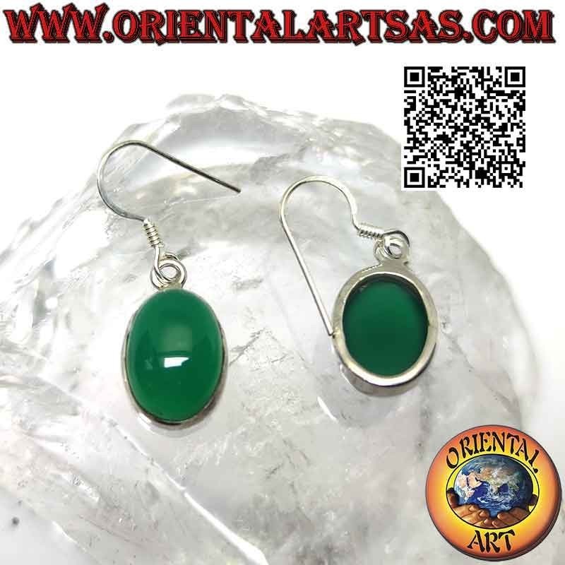 Pendientes de plata con gran cabujón ovalado de ágata verde en engaste liso