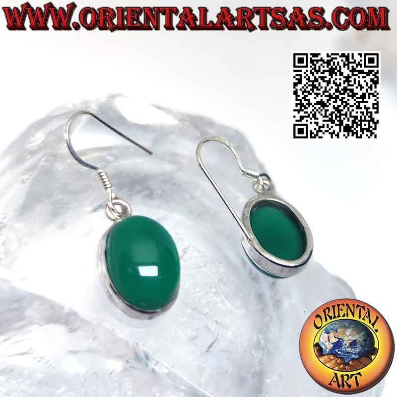 Silver earrings with large oval cabochon green agate on smooth setting