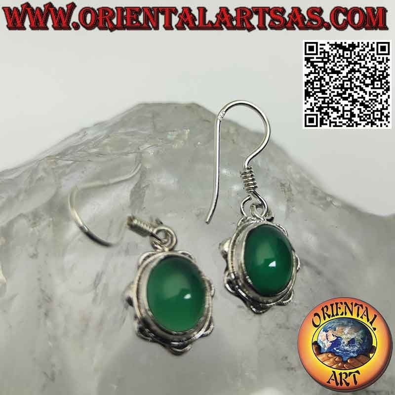 Silver earrings with cabochon oval green agate on a smooth petal setting