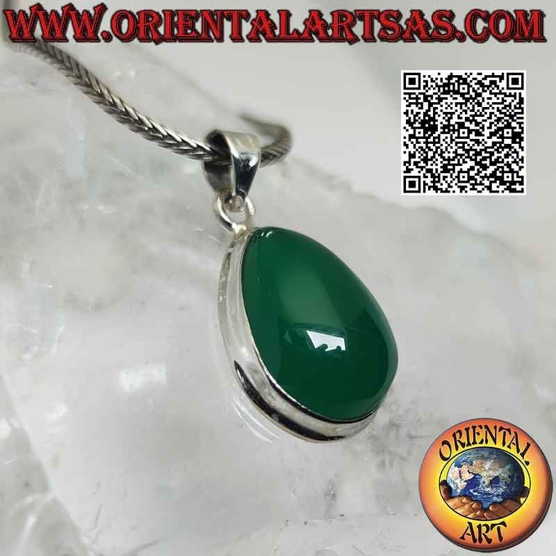 Colgante de plata con gran gota de cabujón de ágata verde en engaste liso simple