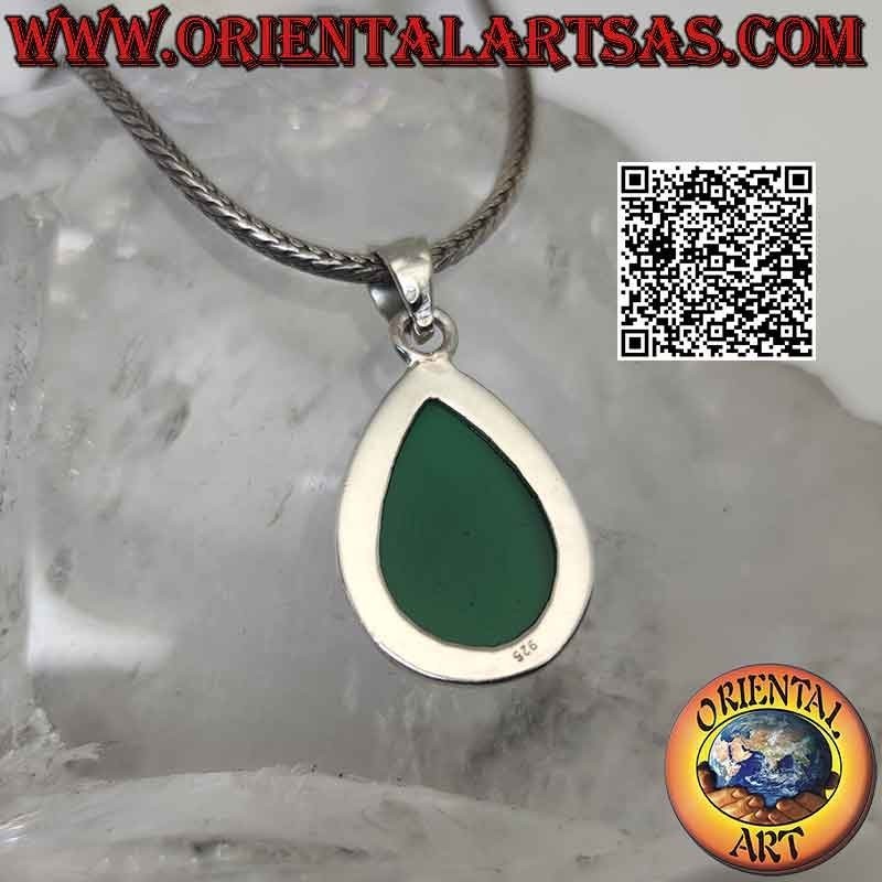 Pendentif en argent avec grosse goutte cabochon d'agate verte sur sertissage lisse simple