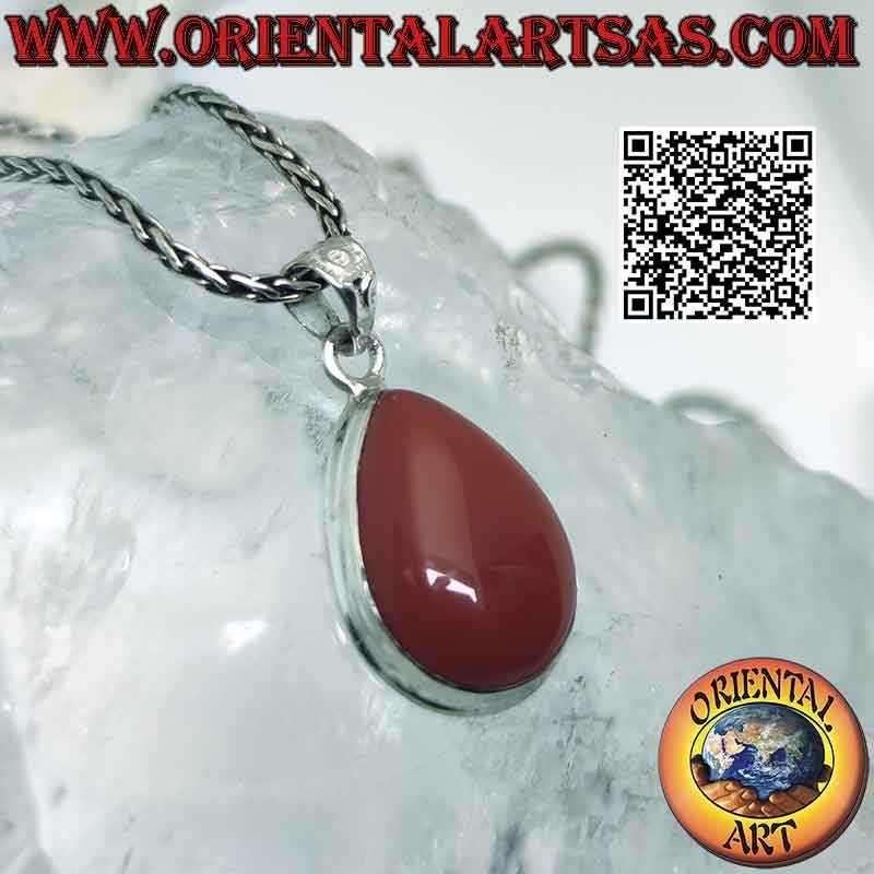 Silver pendant with large cabochon drop carnelian on simple smooth setting