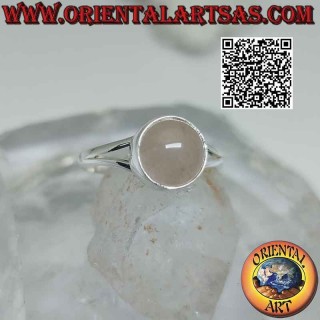 Silver ring with round cabochon rose quartz on a smooth frame attached to two