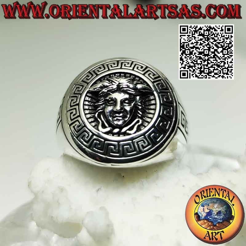 Smooth round silver ring with "Versace" emblem (the mythological Medusa's head)
