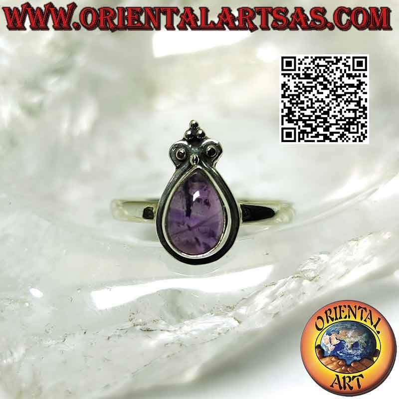 Silver ring with cabochon drop amethyst, smooth edge and crown lily