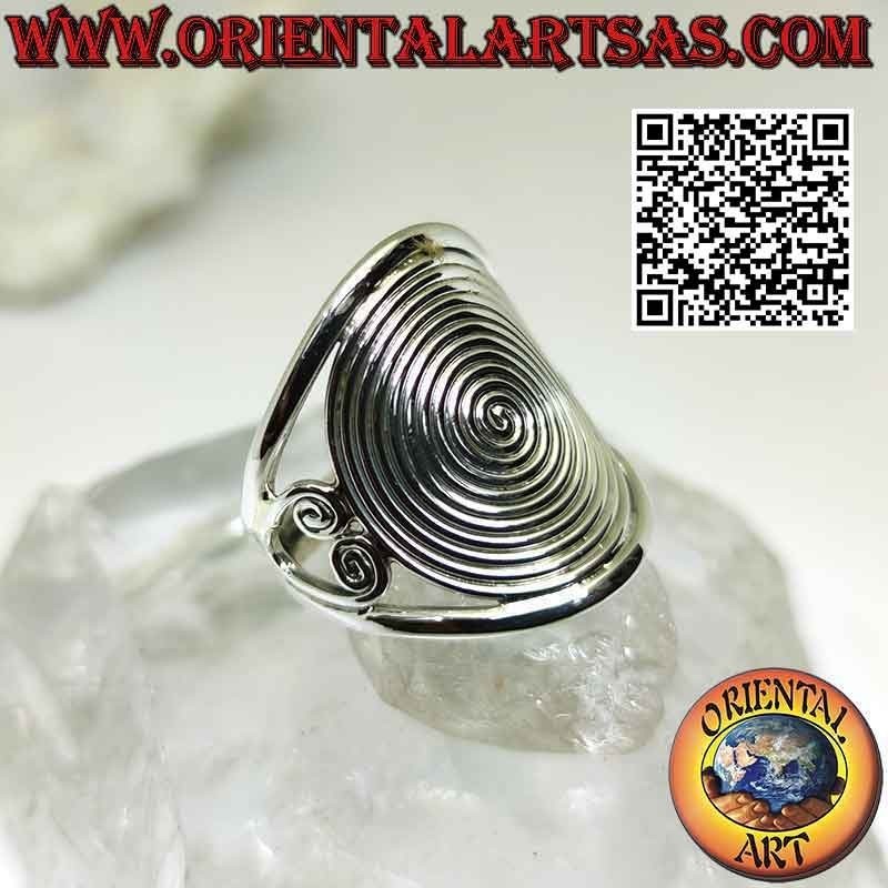 Silver ring with large dense spiral on perforated crescent setting (adjustable)