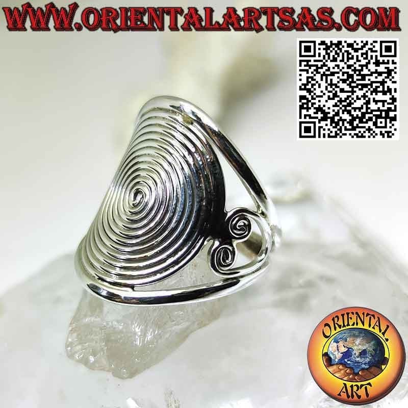Silver ring with large dense spiral on perforated crescent setting (adjustable)