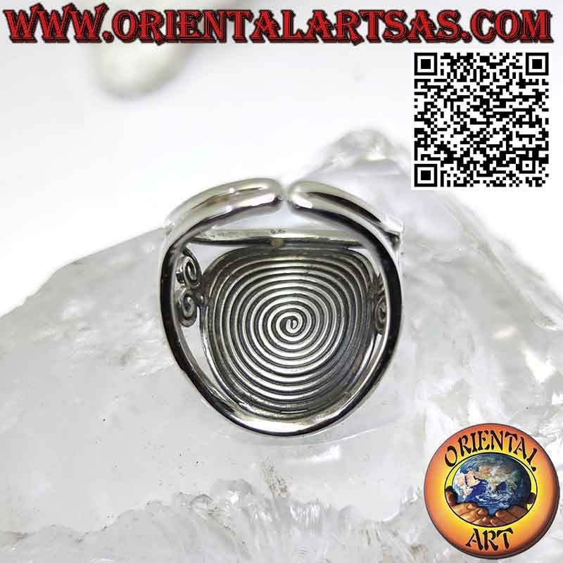 Anillo de plata con gran espiral densa en engaste de media luna perforada (ajustable)