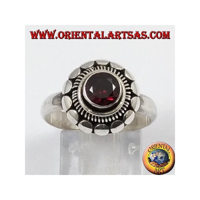 Silver ring with round faceted natural Garnet