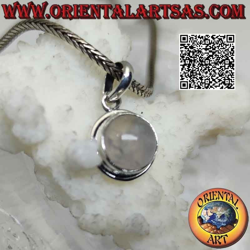Silver pendant with round cabochon rose quartz on smooth setting with protruding edge