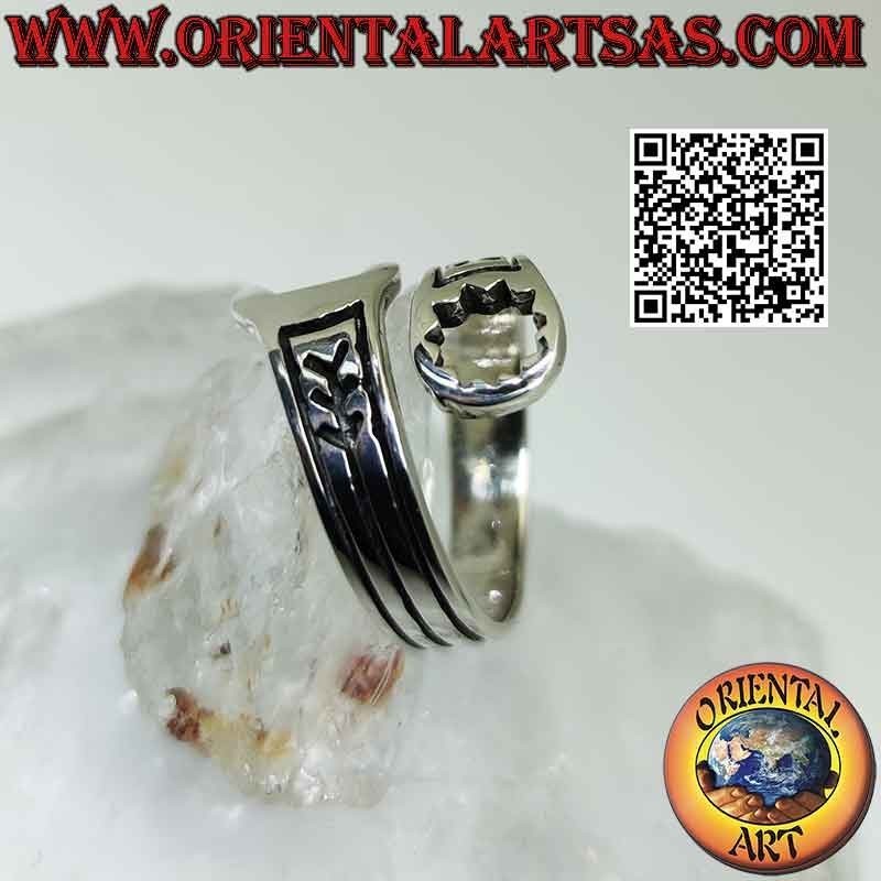 Smooth silver ring in the shape of a wrench with engravings