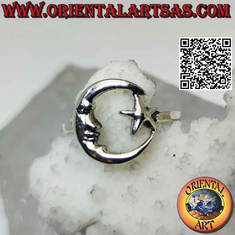 Anillo liso de plata con estrella y luna formando círculo