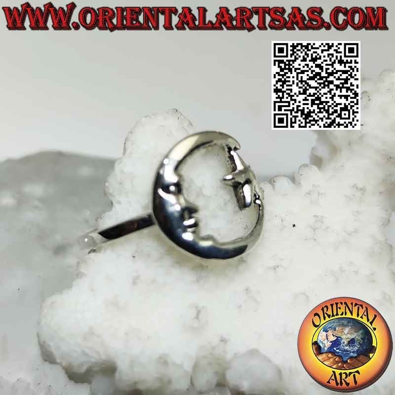 Bague en argent lisse avec étoile et lune formant un cercle