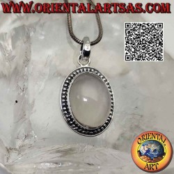 Silver pendant with cabochon oval rose quartz surrounded by a row of smooth microspheres (17x12)