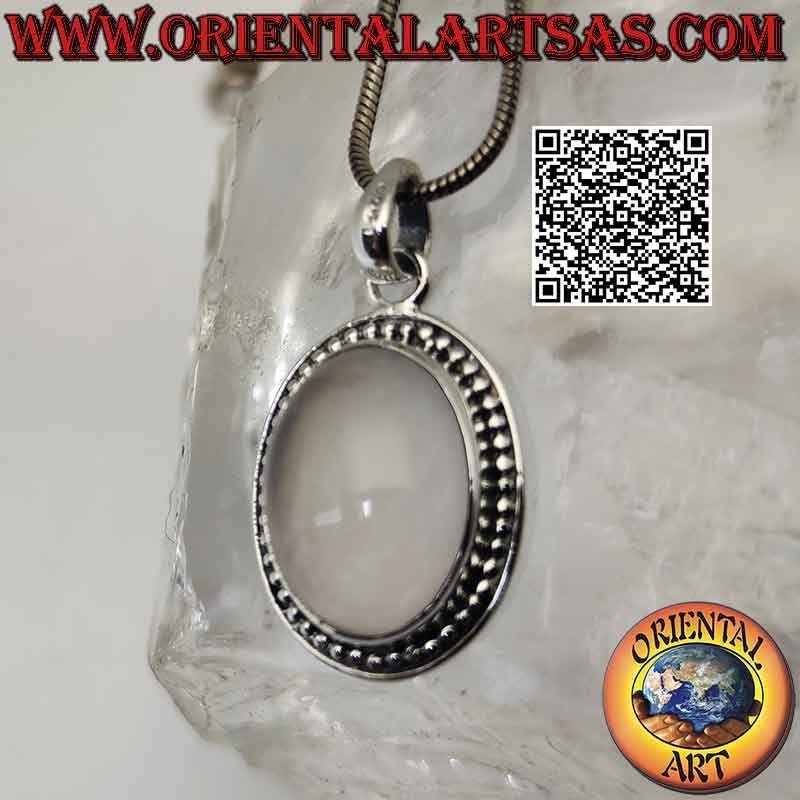 Pendentif en argent avec cabochon ovale en quartz rose entouré d'une rangée de microsphères lisses (17x12)