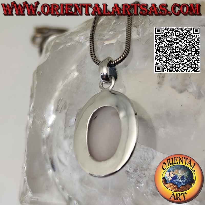 Colgante de plata con cabujón de cuarzo rosa ovalado rodeado de una hilera de microesferas lisas (17x12)