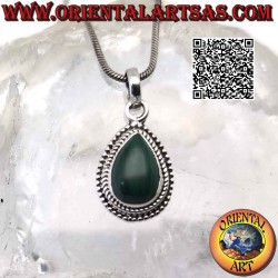 Silver pendant with cabochon drop malachite surrounded by intertwining and smooth microspheres