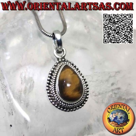 Silver pendant with cabochon drop tiger eye surrounded by intertwining and smooth microspheres