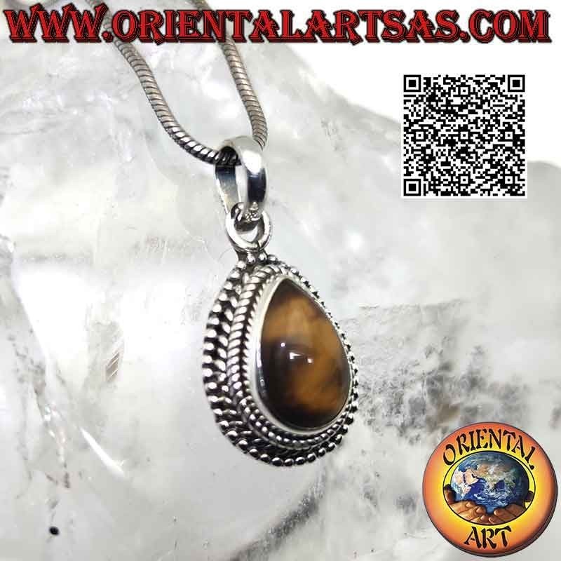 Silver pendant with cabochon drop tiger eye surrounded by intertwining and smooth microspheres