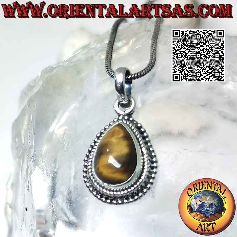 Silberanhänger mit Cabochon-Tropfen-Tigerauge, umgeben von verschlungenen und glatten Mikrokugeln