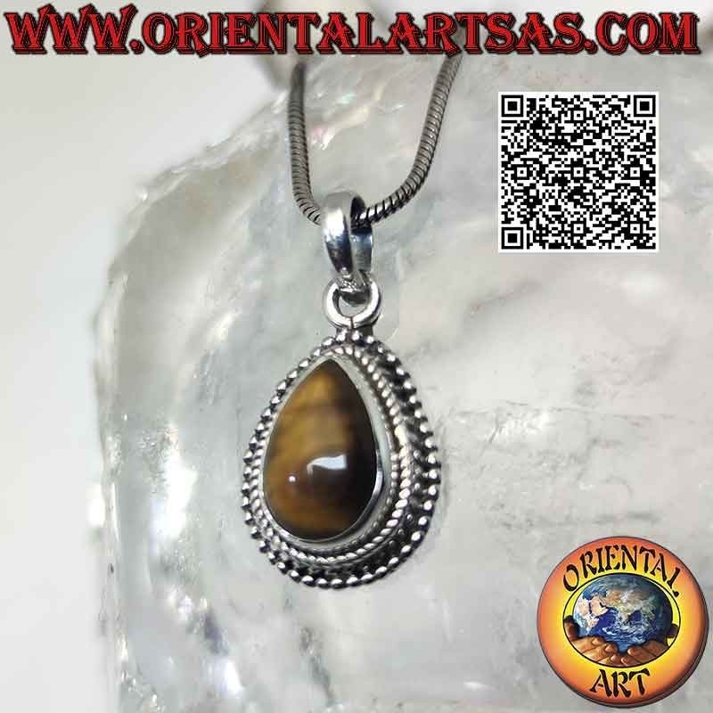 Ciondolo in argento con occhio di tigre a goccia cabochon contornata da intreccio e microsfere lisce