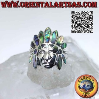 Anillo de plata, cabeza de salvia india nativa americana con tocado de abulón (paua) y rostro liso