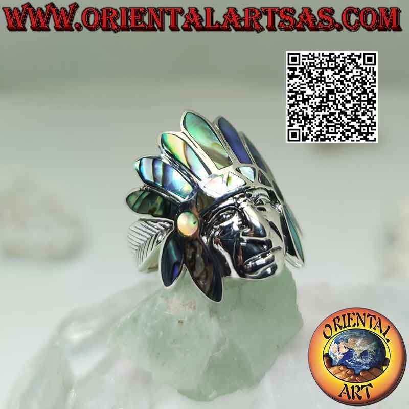 Anillo de plata, cabeza de salvia india nativa americana con tocado de abulón (paua) y rostro liso