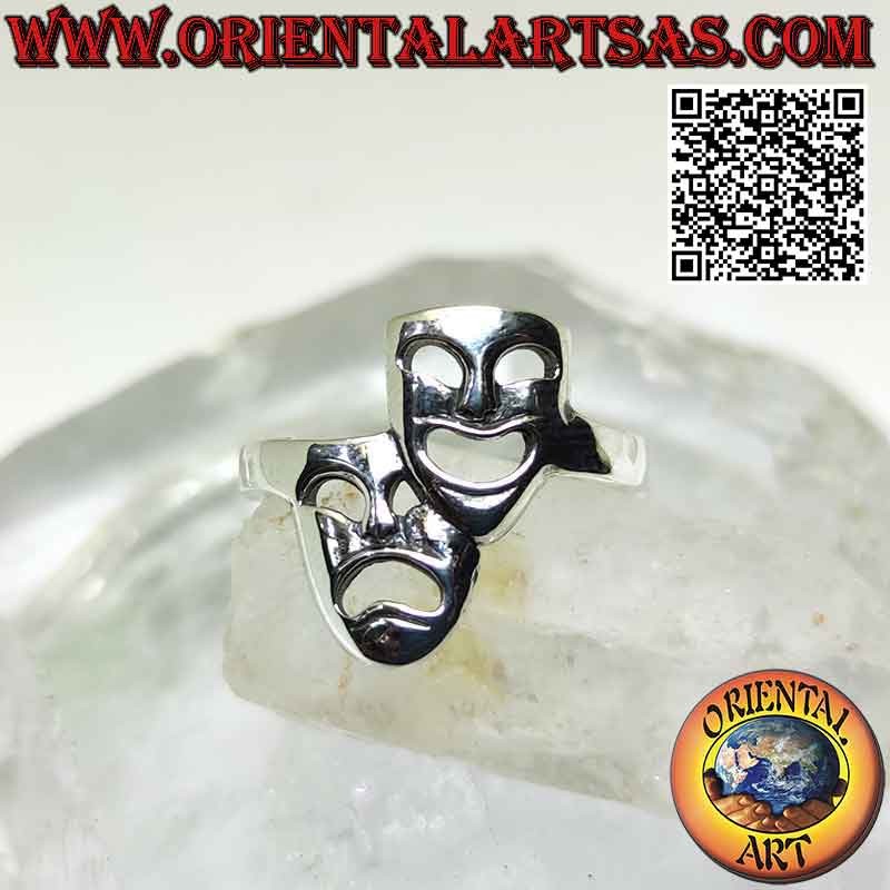 Bague en argent lisse, les masques théâtraux de la comédie et de la tragédie grecques (vertical)