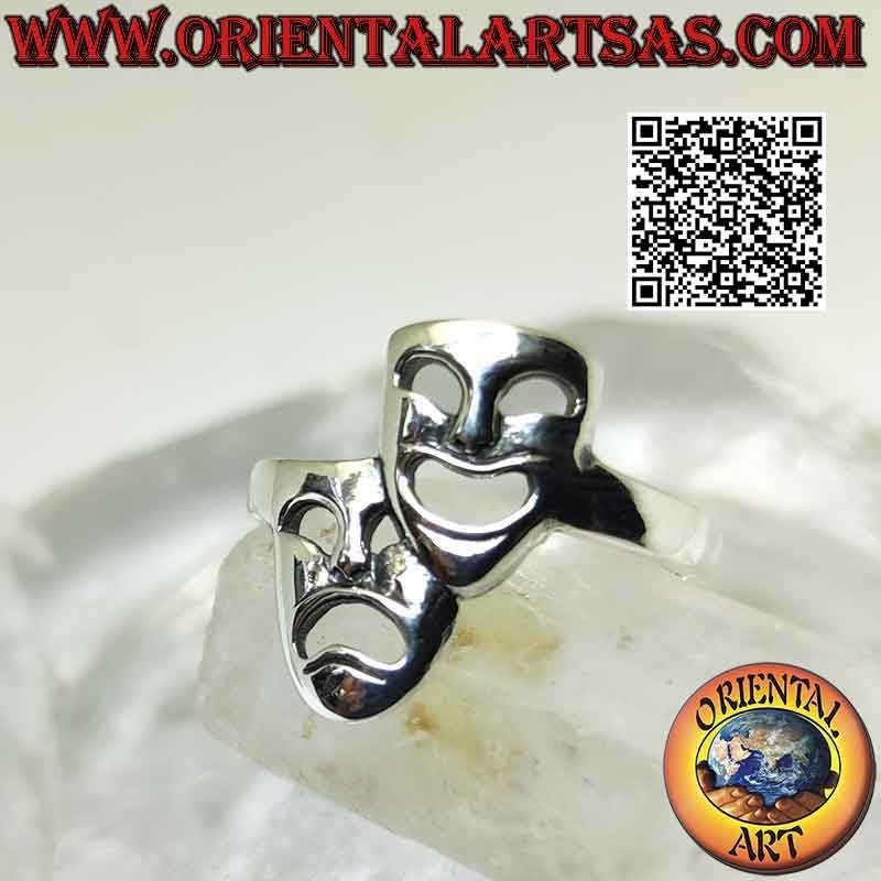 Smooth silver ring, the theatrical masks of Greek comedy and tragedy (vertical)