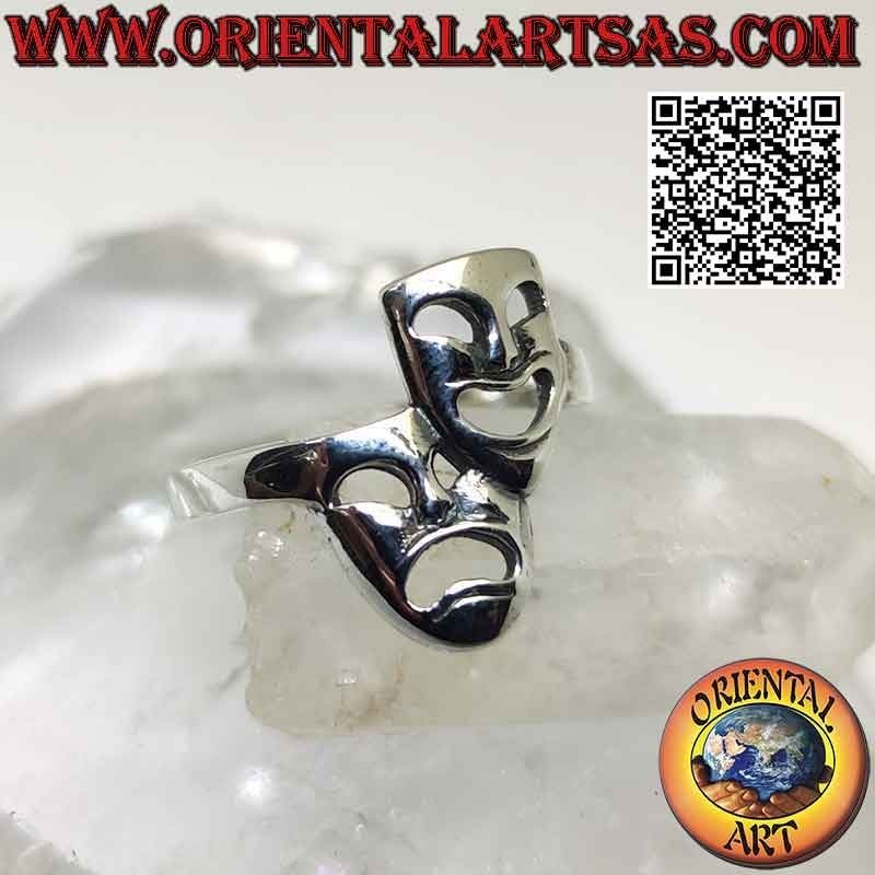 Anello in argento liscio, le maschere teatrali della commedia e tragedia greca (verticali)