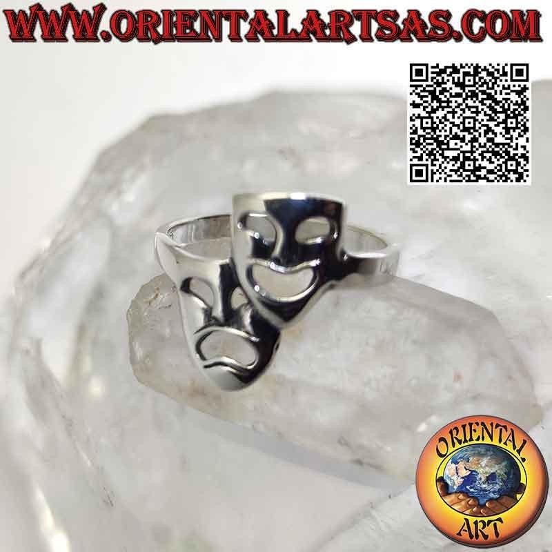 Anello in argento liscio, le maschere teatrali della commedia e tragedia greca (verticali)