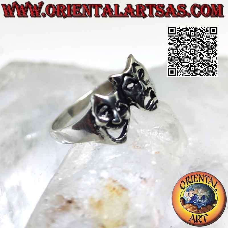 Anello in argento liscio, le maschere teatrali della commedia e tragedia greca (verticali)