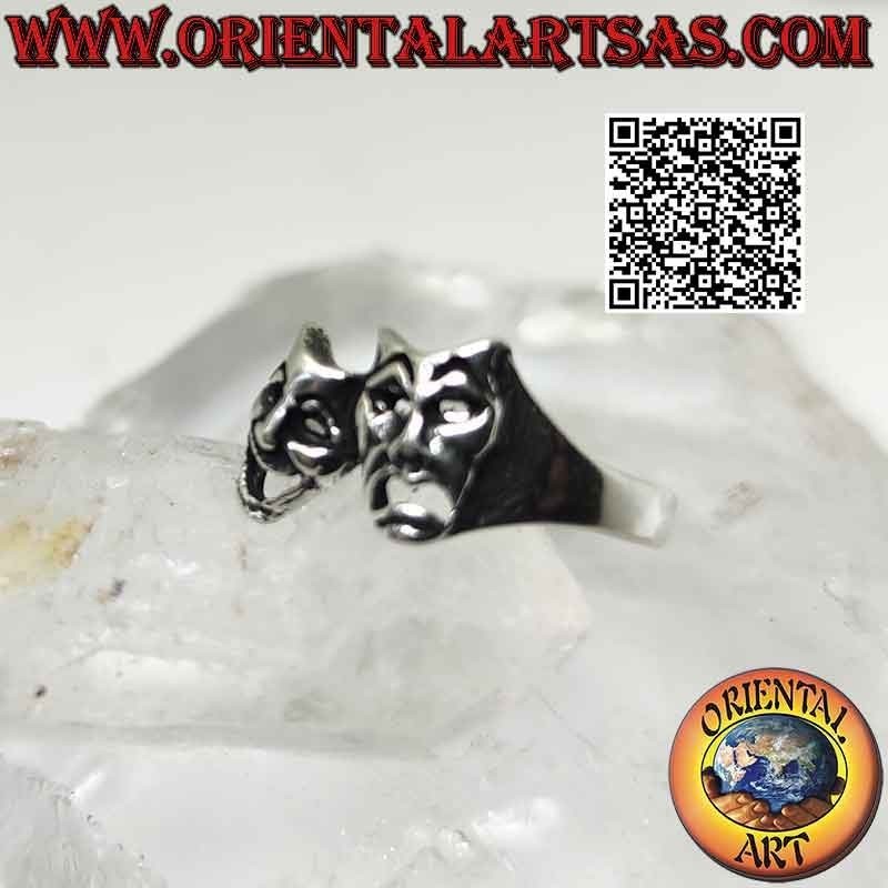 Anello in argento liscio, le maschere teatrali della commedia e tragedia greca (verticali)