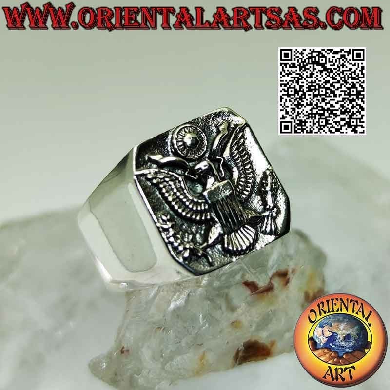 Anello in argento liscio con Stemma degli Stati Uniti d'America (aquila testa bianca o aquila calva) in rilievo