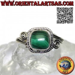 Silver ring with square cabochon malachite surrounded by interweaving and spiral on the sides