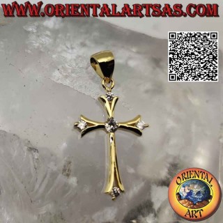 Colgante de plata, cruz latina lirio liso con circonitas redondas en los extremos y en el centro (chapado en oro)