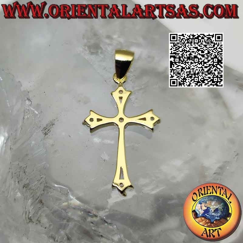 Ciondolo in argento, croce latina gigliata liscia con zirconi tondi alle estremità e al centro (placcata oro)