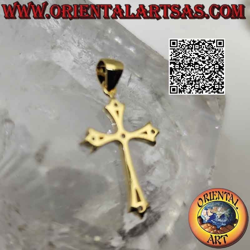 Colgante de plata, cruz latina lirio liso con circonitas redondas en los extremos y en el centro (chapado en oro)