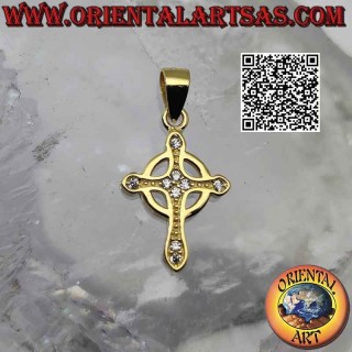 Silver pendant, simple and smooth Celtic cross with round zircons (gold plated)