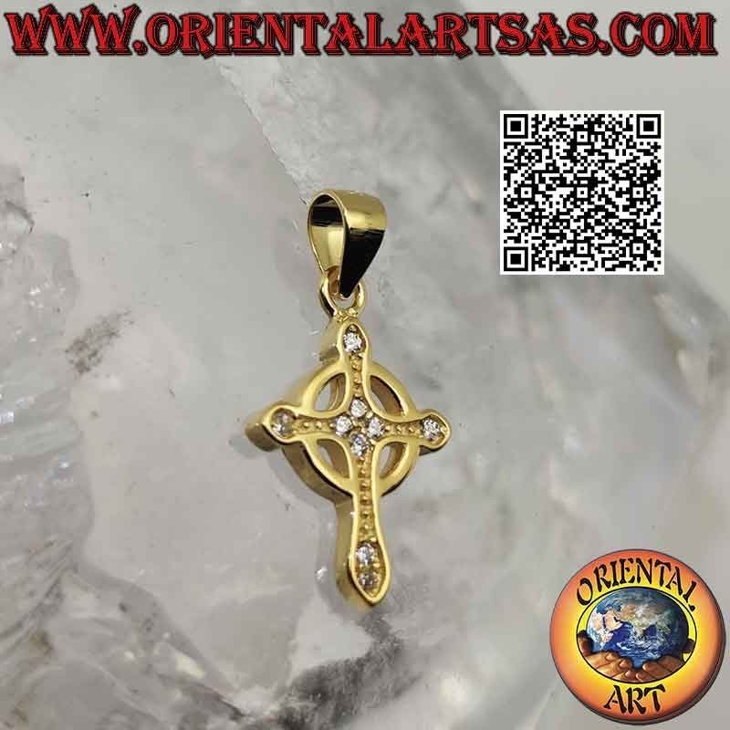 Silver pendant, simple and smooth Celtic cross with round zircons (gold plated)