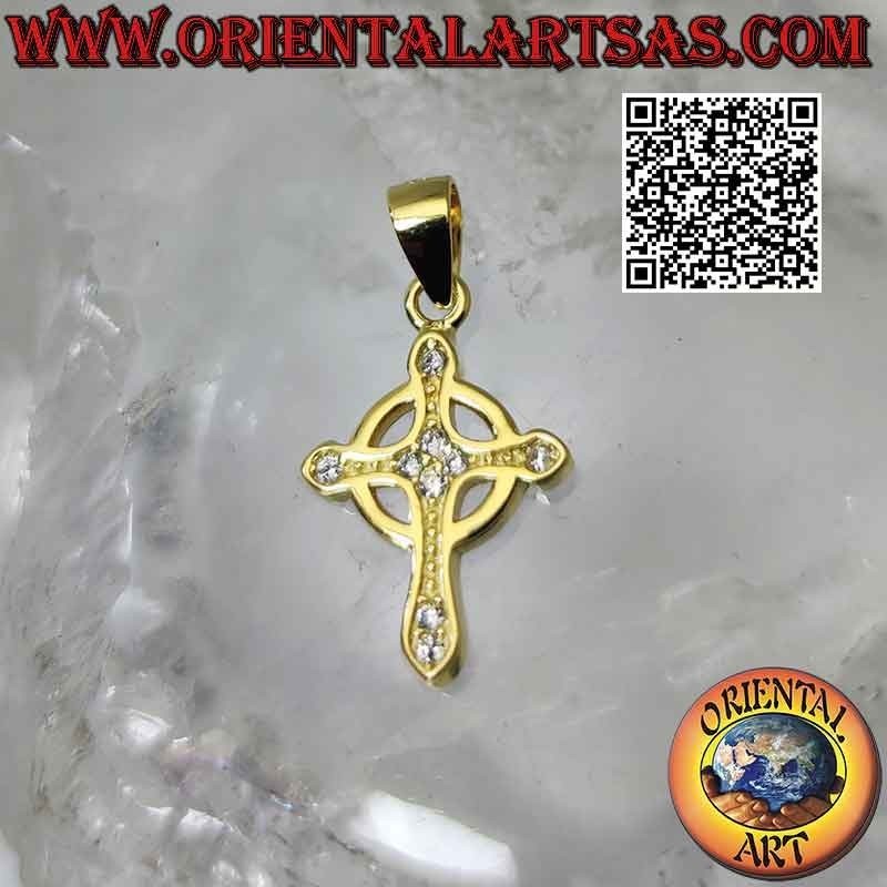 Silver pendant, simple and smooth Celtic cross with round zircons (gold plated)